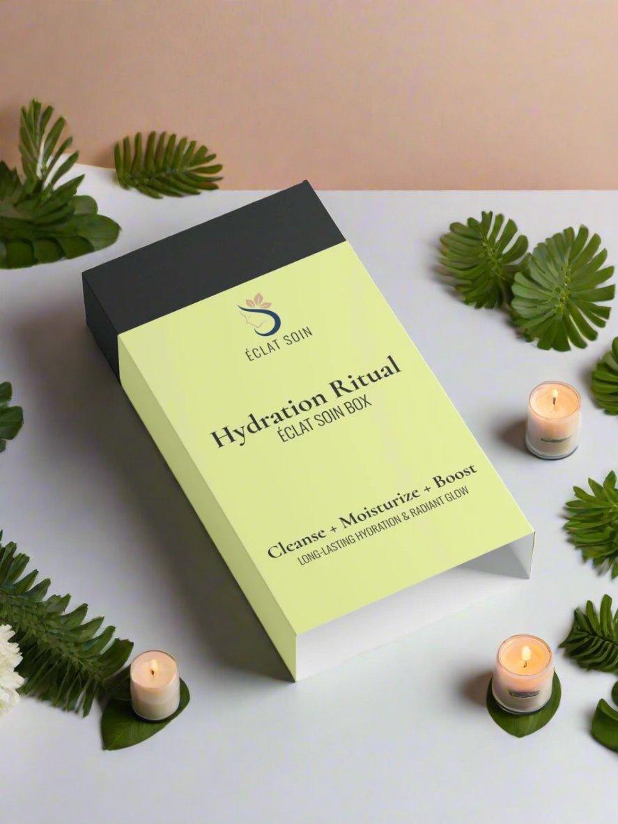 Eclat Soin Hydration Ritual Skincare Collection Box with cleanse, moisture, and booster features